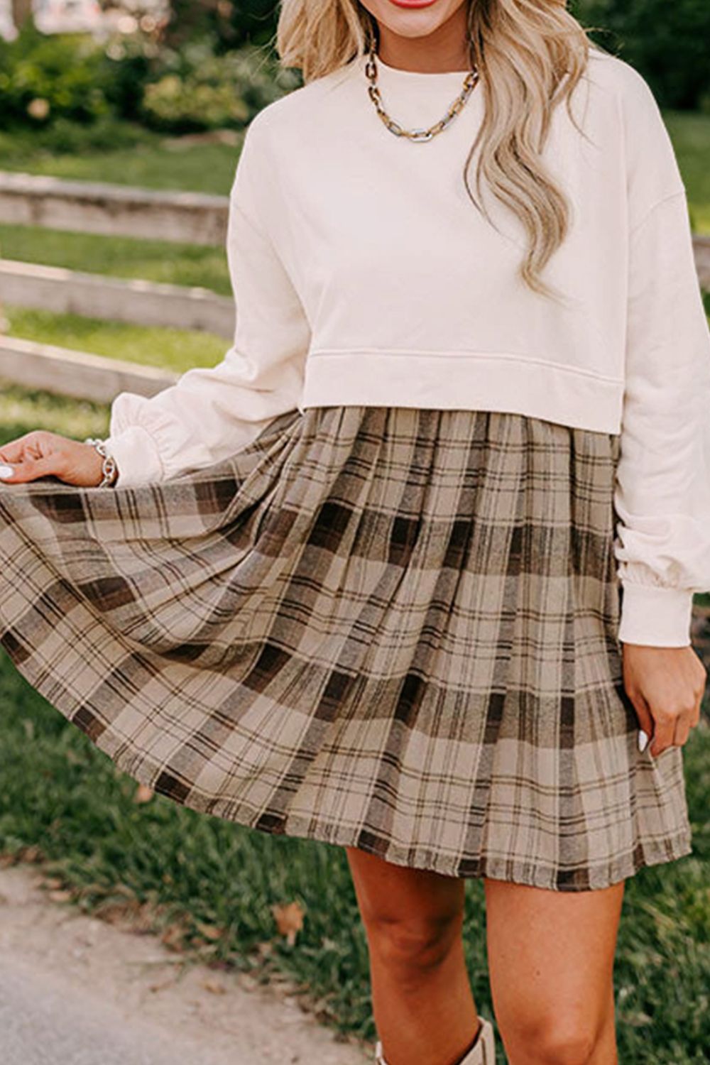 Vintage Plaid Round Neck Long Sleeve Mini Dress Cozy & Stylish Dress Retro Design Dress For Party Stevvex