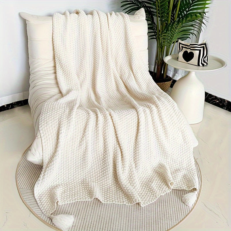 Cozy All-Season Knit Throw Blanket with Tassels - Boho-Chic Geometric Pattern in Natural Wood Color - Versatile for Sofa, Office, Bed, and Travel Lootquake LLC