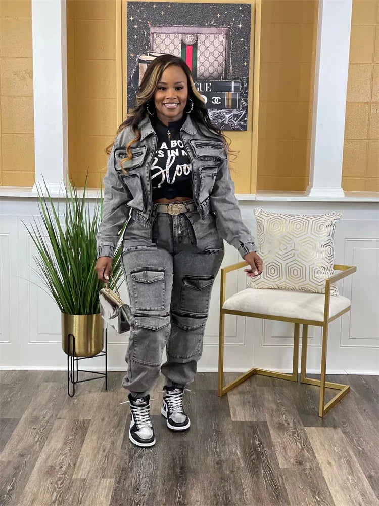 Wmstar Denim Two Piece Set Women Jacket Coat Top Jeans Cargo Pants Cool New in Winter Matching Clothes Wholesale Dropshipping Purplish Diva