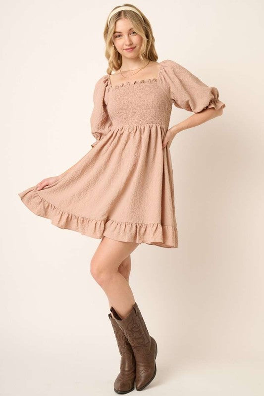 Smocked Ruffled Hem Half Sleeve Mini Dress, Cute, Elegant, Charming and Comfortable Mini Dress with Smocked Bodice and Whimsical Ruffled Hem Stevvex