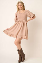 Smocked Ruffled Hem Half Sleeve Mini Dress, Cute, Elegant, Charming and Comfortable Mini Dress with Smocked Bodice and Whimsical Ruffled Hem Stevvex