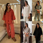 Casual Linen With Pocket Shirt Pants Suits Women Wide Leg Pants Long Sleeves Shirt Sets Ladies Loose High Street 2 Piece Outfits