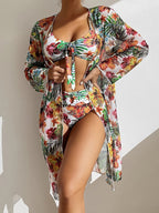 New Tropical Bloom 3-Piece Swimsuit Set – High Waist Floral Fluttering Bikini with Crew Neck Top Spaghetti Straps and Matching Long Sleeve Cover-Up – Stylish Stretchy Women’s Swimwear for Beach & Summer Escapes