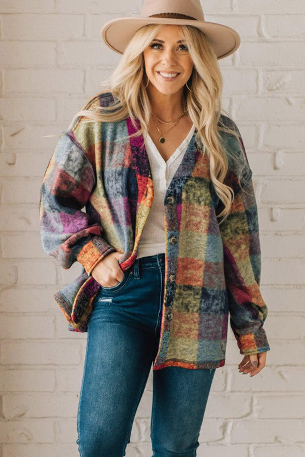 Multicolor Brushed Checked Western Buttoned Jacket Lootquake LLC