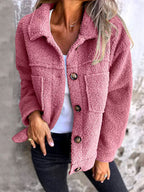Comfortable Modern Women Full Size Fuzzy Button-Up Jacket with Drop Shoulder and Pockets Stevvex
