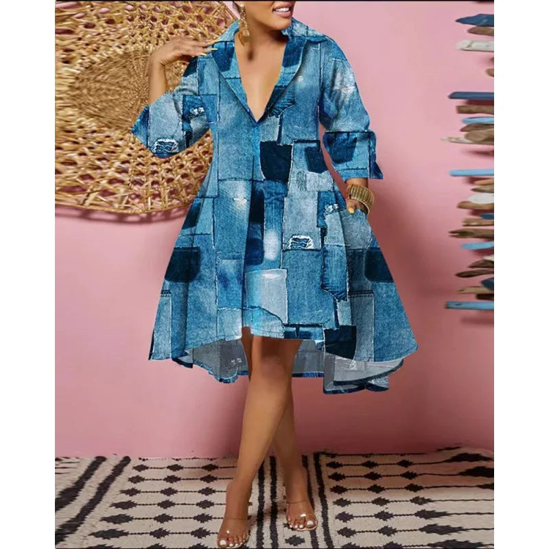 Women Sexy Fashion Printed Shirt Dresses Chic V Neck Loose Long Sleeve Dress Causal Vacation Female Mini Vestidos Robe Clothing Purplish Diva