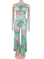 Beyprern Women Tropical Leaf Printed Lace-Back Crop Top And Wide Legs Pant Set Summer Ruched Floral Tracksuits Set Beach Outfits Purplish Diva