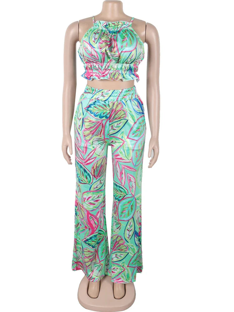 Beyprern Women Tropical Leaf Printed Lace-Back Crop Top And Wide Legs Pant Set Summer Ruched Floral Tracksuits Set Beach Outfits Purplish Diva