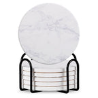 Set Of 6 Beverage Coasters With Stand Round 4in Ceramic Coaster With Metal Stand Absorbent Marble Stone Coaster With Cork Base Pi-Mart
