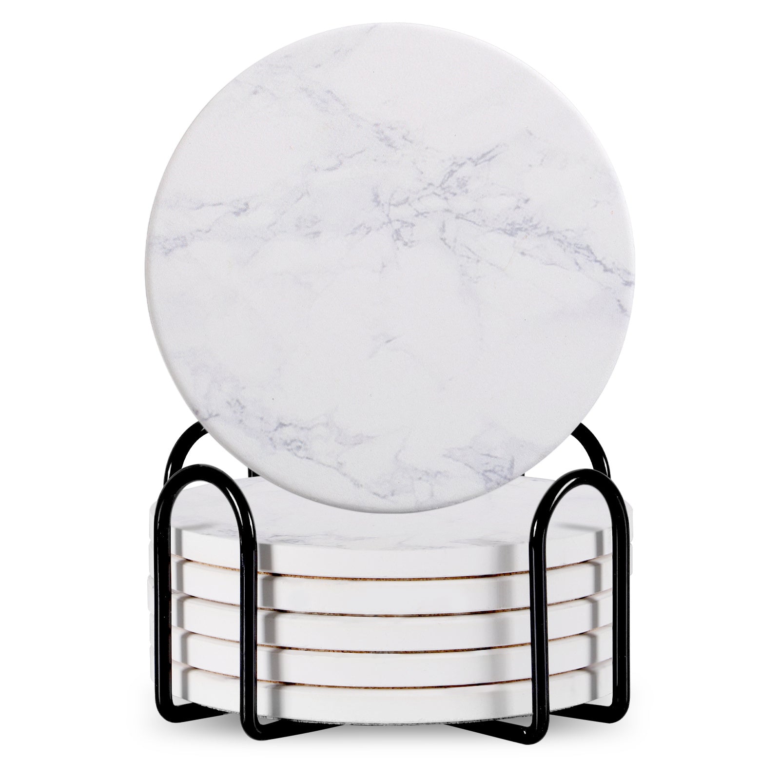 Set Of 6 Beverage Coasters With Stand Round 4in Ceramic Coaster With Metal Stand Absorbent Marble Stone Coaster With Cork Base Pi-Mart
