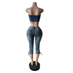 Fashion Sexy Lace-up Crop Jean Tube Top Women's Club Party Elastic Skinny Cropped Jeans Streetwear Two Piece Sets Purplish Diva