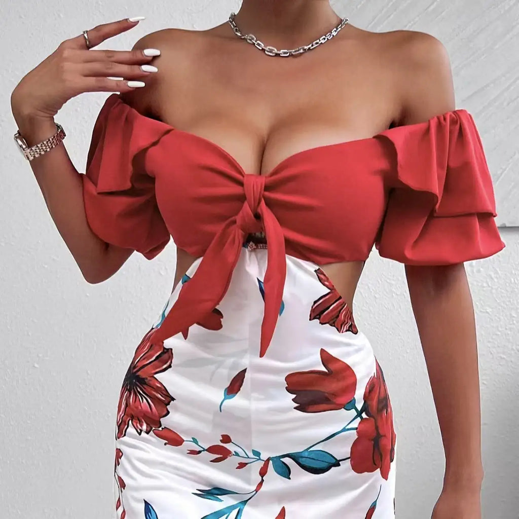 Ladies' Fashionable Casual Floral Print Off Shoulder Knot Decoration Hollow Jumpsuit - SJB-DIAMOND ELITES