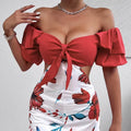 Ladies' Fashionable Casual Floral Print Off Shoulder Knot Decoration Hollow Jumpsuit - SJB-DIAMOND ELITES