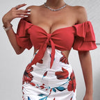 Ladies' Fashionable Casual Floral Print Off Shoulder Knot Decoration Hollow Jumpsuit - SJB-DIAMOND ELITES