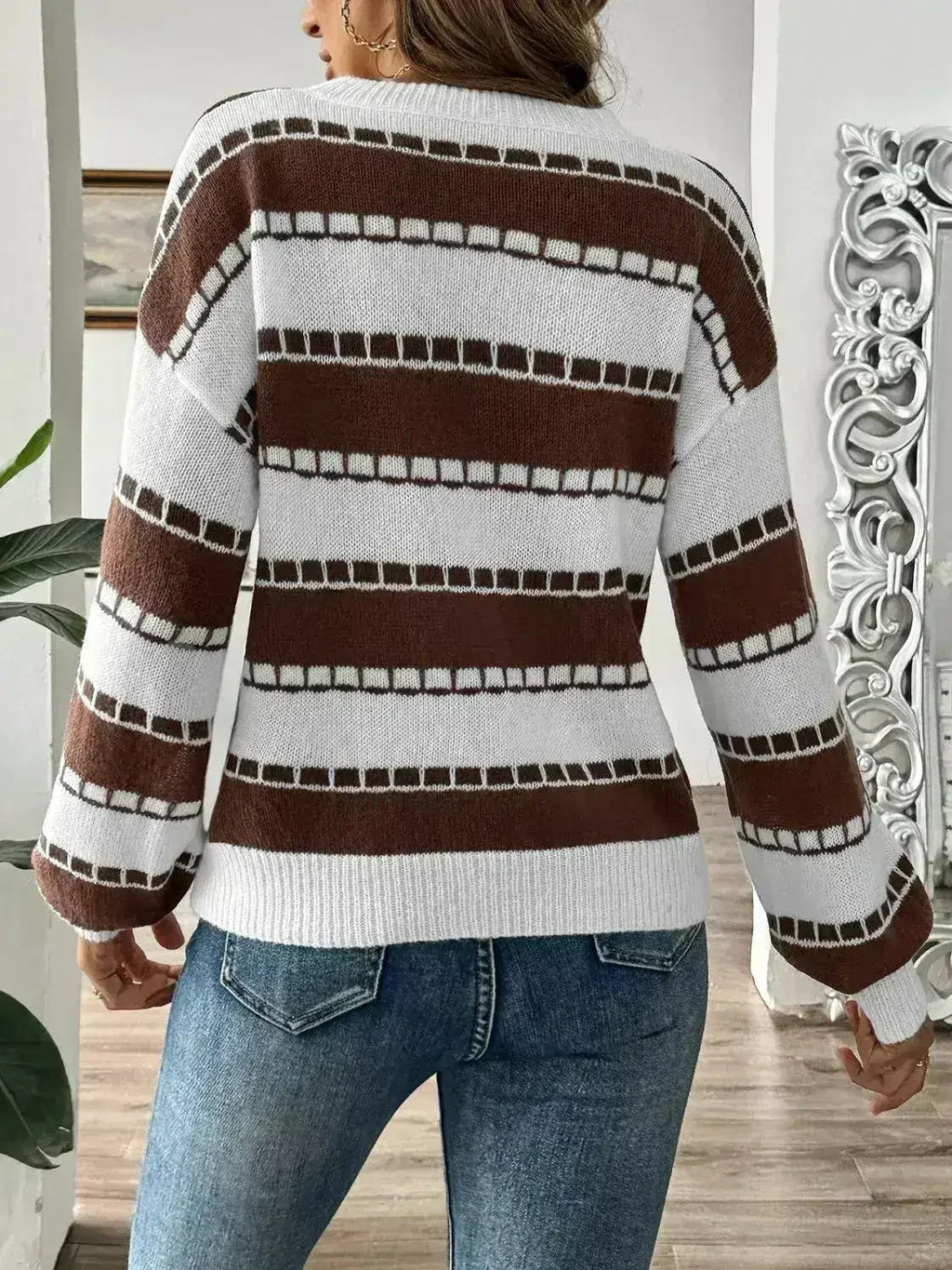 Striped Round Neck Long Sleeve Sweater - SJB-DIAMOND ELITES