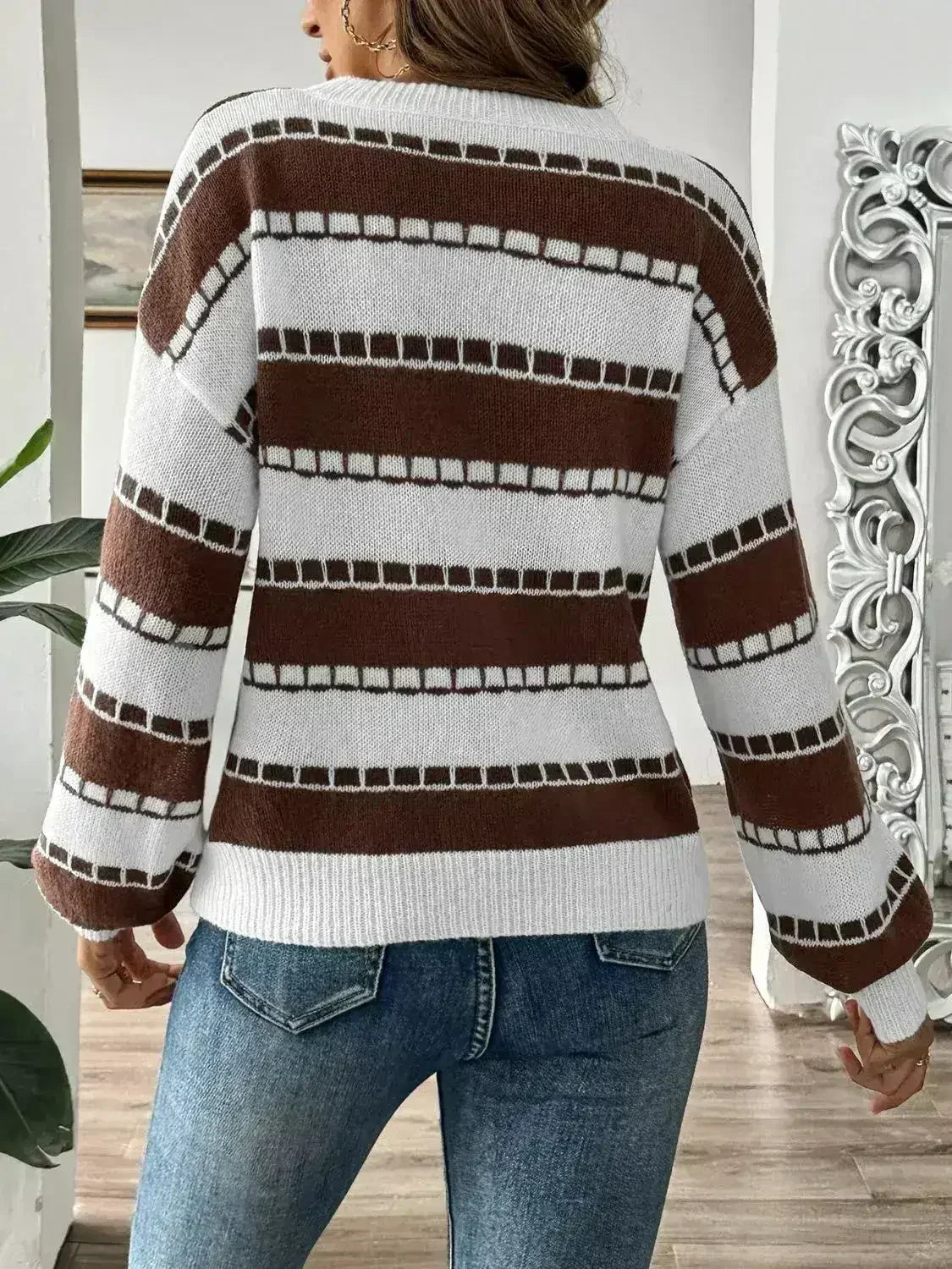 Striped Round Neck Long Sleeve Sweater - SJB-DIAMOND ELITES