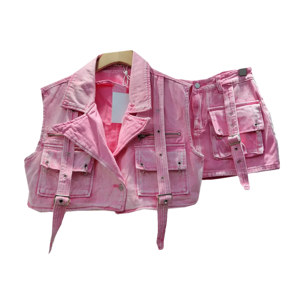 Retro Pink Large Pocket Denim Suit Spring Summer Sleeveless Short Vest High Waist Hip Wrapped Skirt 2 Pieces Sets Women Outfits Purplish Diva