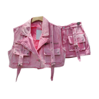 Retro Pink Large Pocket Denim Suit Spring Summer Sleeveless Short Vest High Waist Hip Wrapped Skirt 2 Pieces Sets Women Outfits Purplish Diva