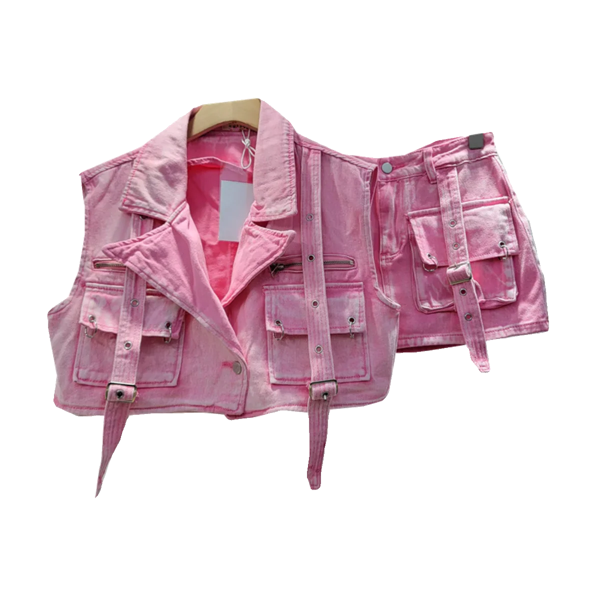 Retro Pink Large Pocket Denim Suit Spring Summer Sleeveless Short Vest High Waist Hip Wrapped Skirt 2 Pieces Sets Women Outfits Purplish Diva