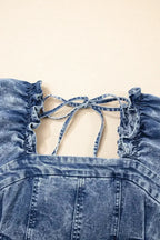 Blue Frill Square Neck Puff Sleeve Backless Denim Dress
