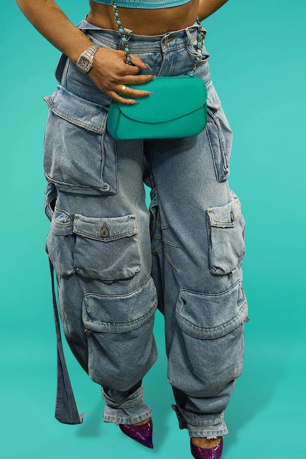Plus Size Daily Light Blue Spring Summer Pocket Cargo Denim Jeans High Street Harajuku High Waist Casual Loose Denim Trousers Purplish Diva