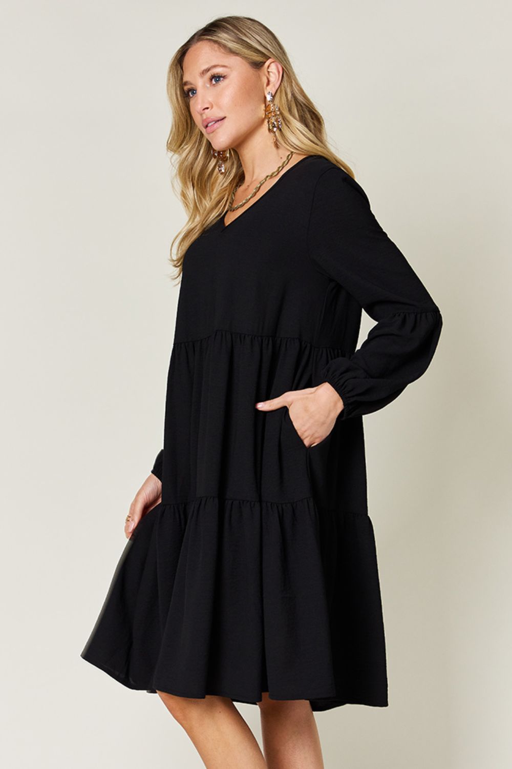 Light Green Double Take Full Size V-Neck Sleeve Tiered Dress with Pockets Elegant & Comfortable Casual Dress Stevvex