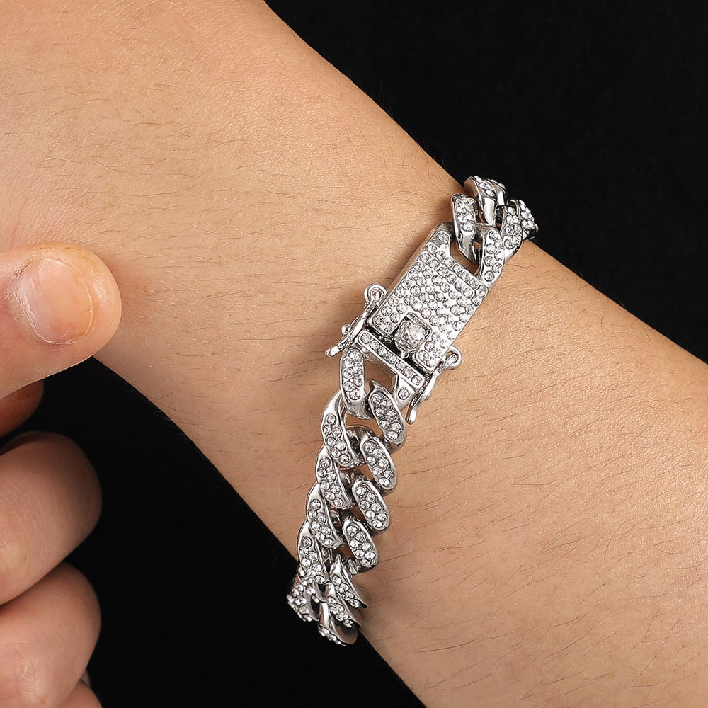 Rhinestone Paved Cuban Link Chain Bracelet Pi-Mart
