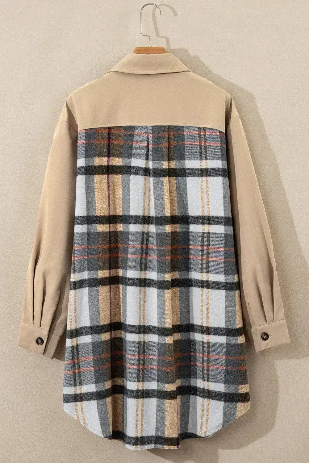 Khaki Plaid Patchwork Long Sleeve Mini Dress with Pockets
