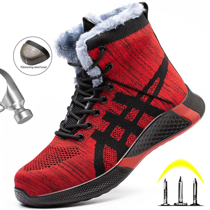 Winter Plush Boots Men Labor Protection Anti-smash Anti-puncture Work Shoes Warm Thickened Breathable Lace-up Safety Shoes Pi-Mart