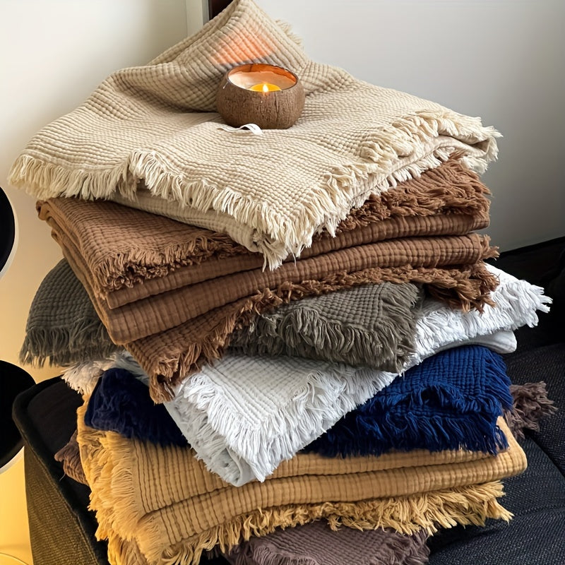 1pc Cotton Crinkle Tassel Blanket Solid Color Nap Blanket Leisure Travel Sofa Bed Blanket