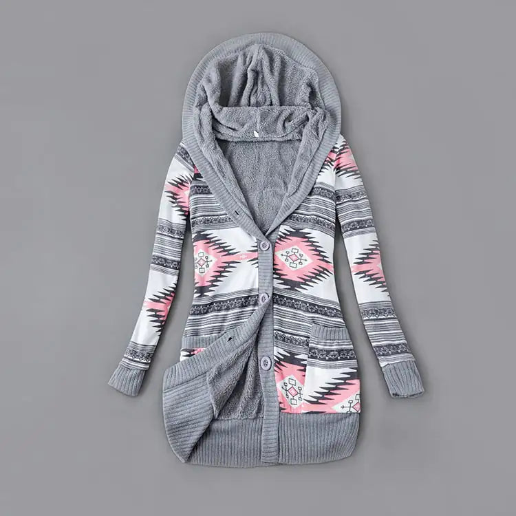 Thick Printed Hooded Knitted Cardigan Jacket Pi-Mart