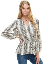 Snake V neck Button Front Peplum Long Sleeve Blouse Top | Femstylo - SJB-DIAMOND ELITES