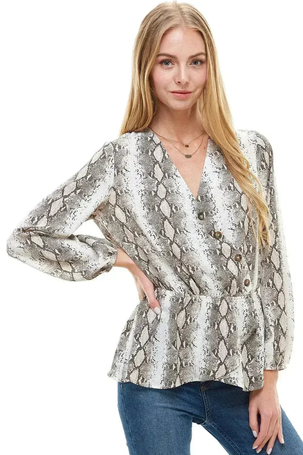 Snake V neck Button Front Peplum Long Sleeve Blouse Top | Femstylo - SJB-DIAMOND ELITES