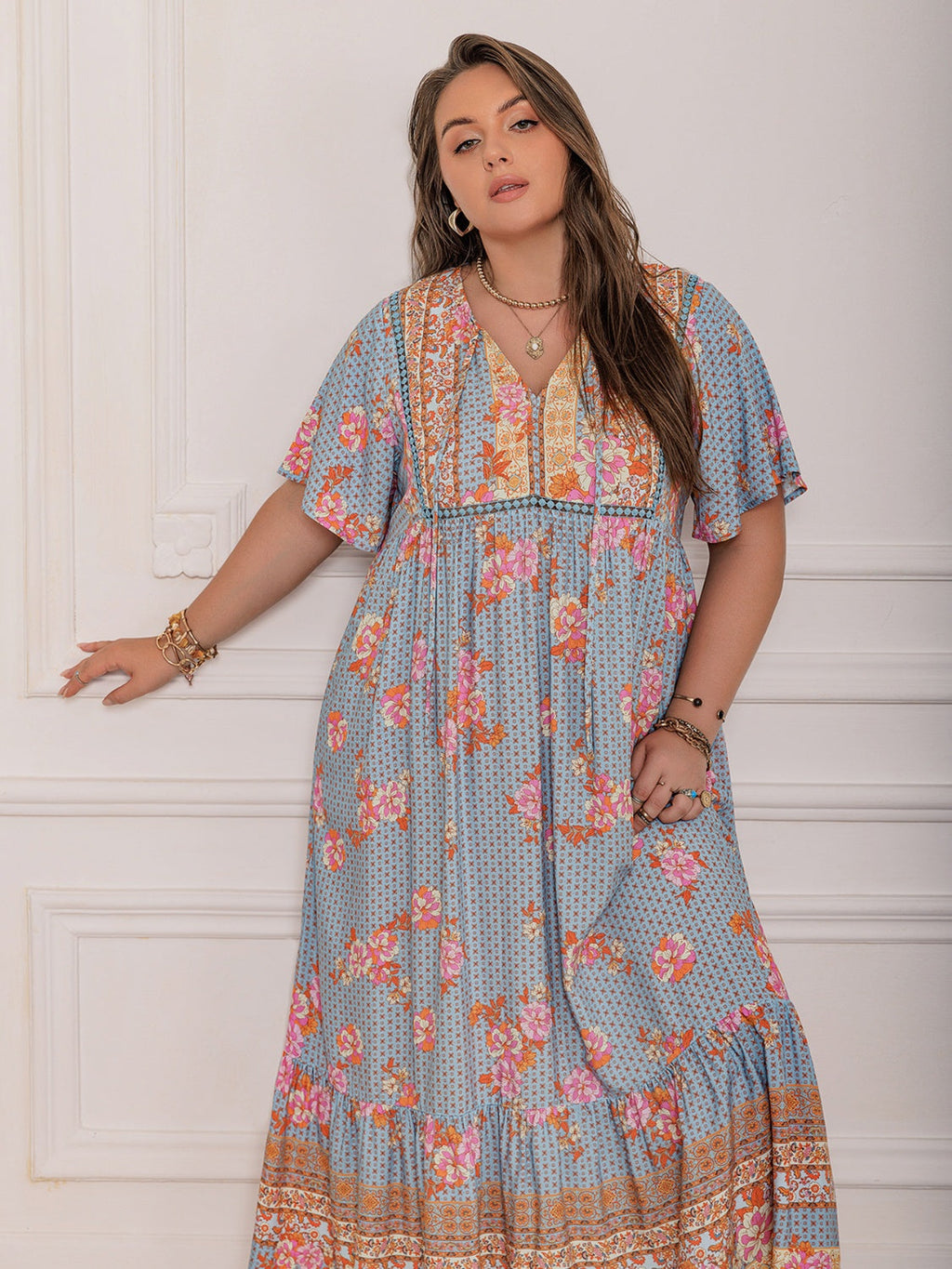 Pink Purple Plus Size Printed Flutter Sleeve Maxi Dress Elegant & Flowy Dress Unique Design Stevvex