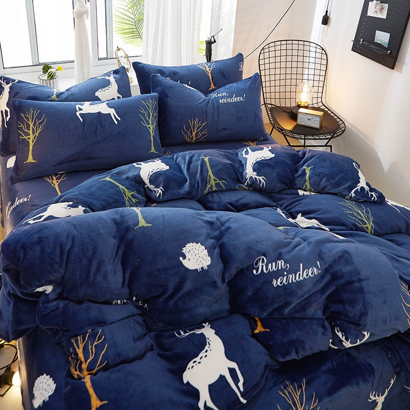 Flannel Bed Sheet Cover, Quilt Cover, Pillowcase And Bedding Set Of 4 Pi-Mart