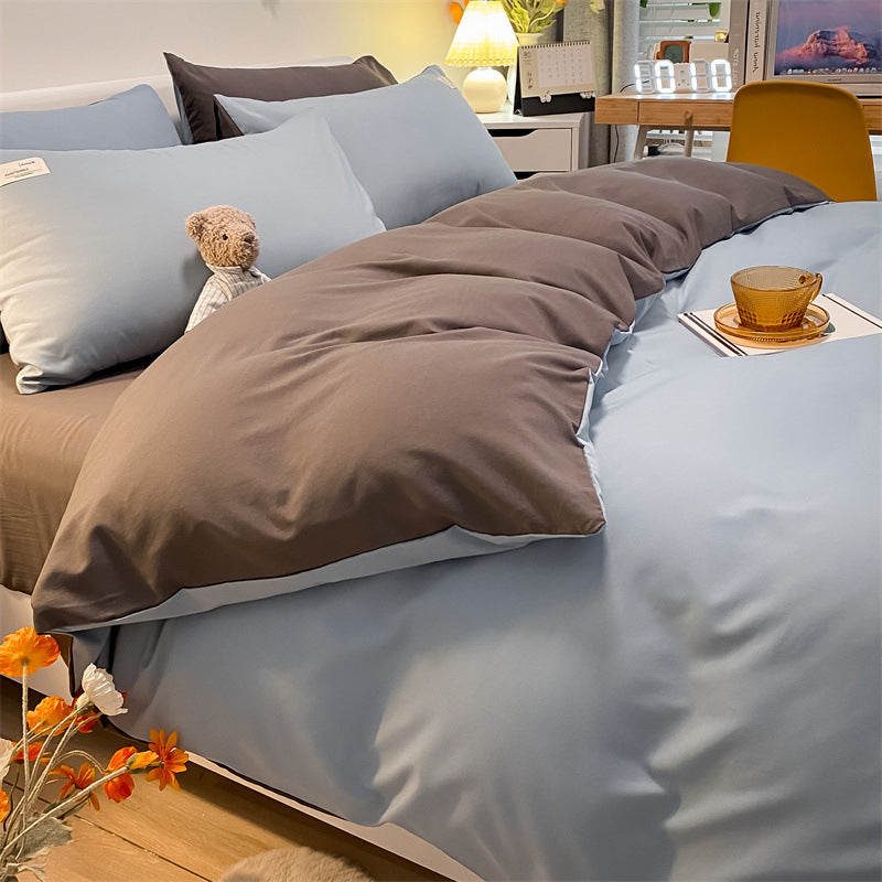 Pure Color Washed Cotton Four-piece Set Of Plaid Striped Sheets Quilt Cover Bedding Pi-Mart