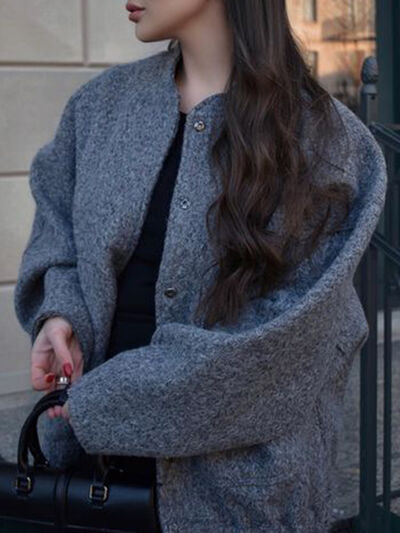 Autumn Casual Full Size Drop Shoulder Snap Down Jacket with Buttoned Front and Pockets Stevvex