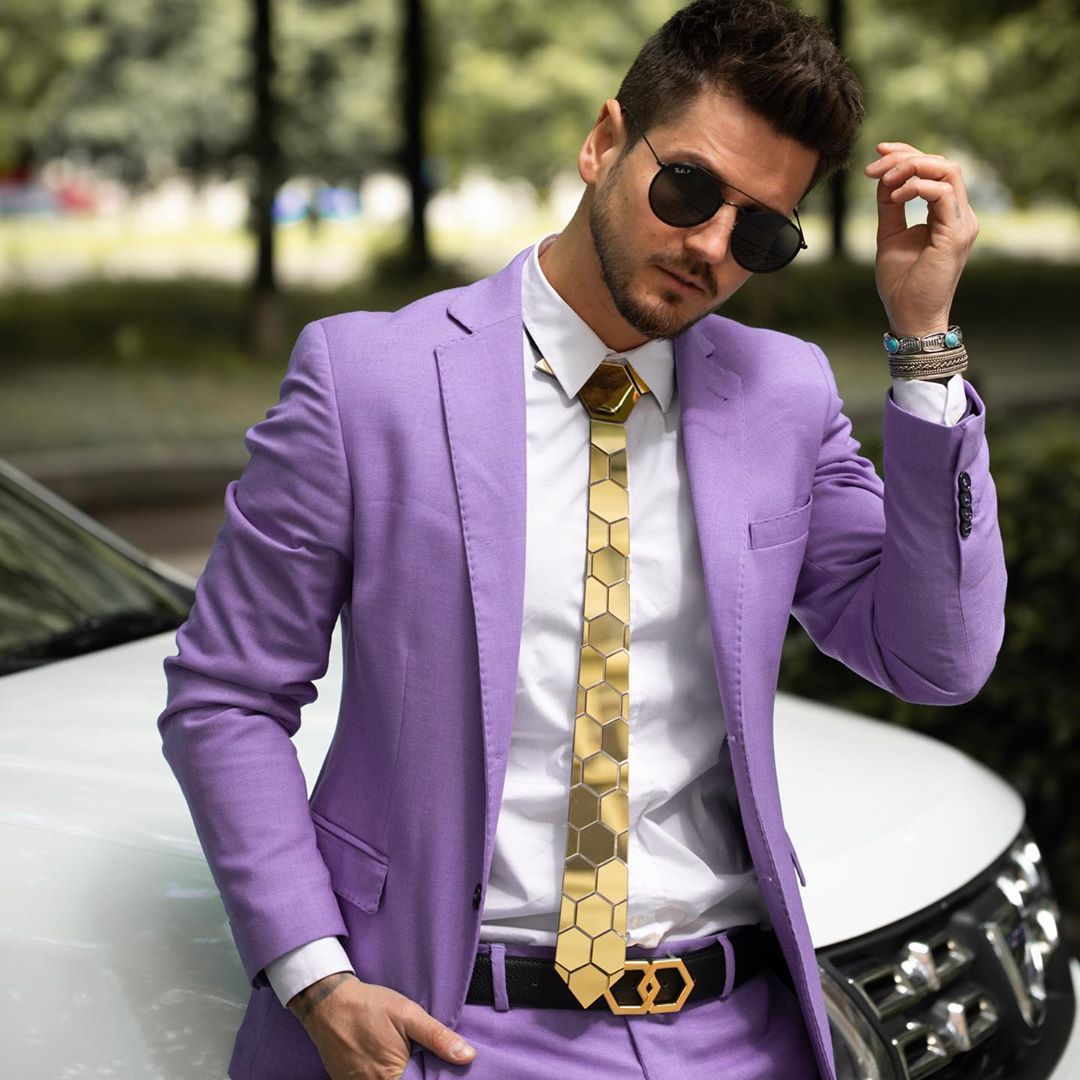 Stitching Geometric Plaid Gold Tie Men's Suit Clothing Lootquake LLC