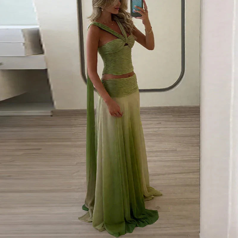 Sexy Strapless Top with Long Skirt Women's Suits Fashion Backless Pleated Club Outfit Gradient Green Hollow Slim Two Piece Sets Purplish Diva