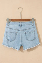 Beau Blue High Rise Distressed Raw Hem Denim Shorts