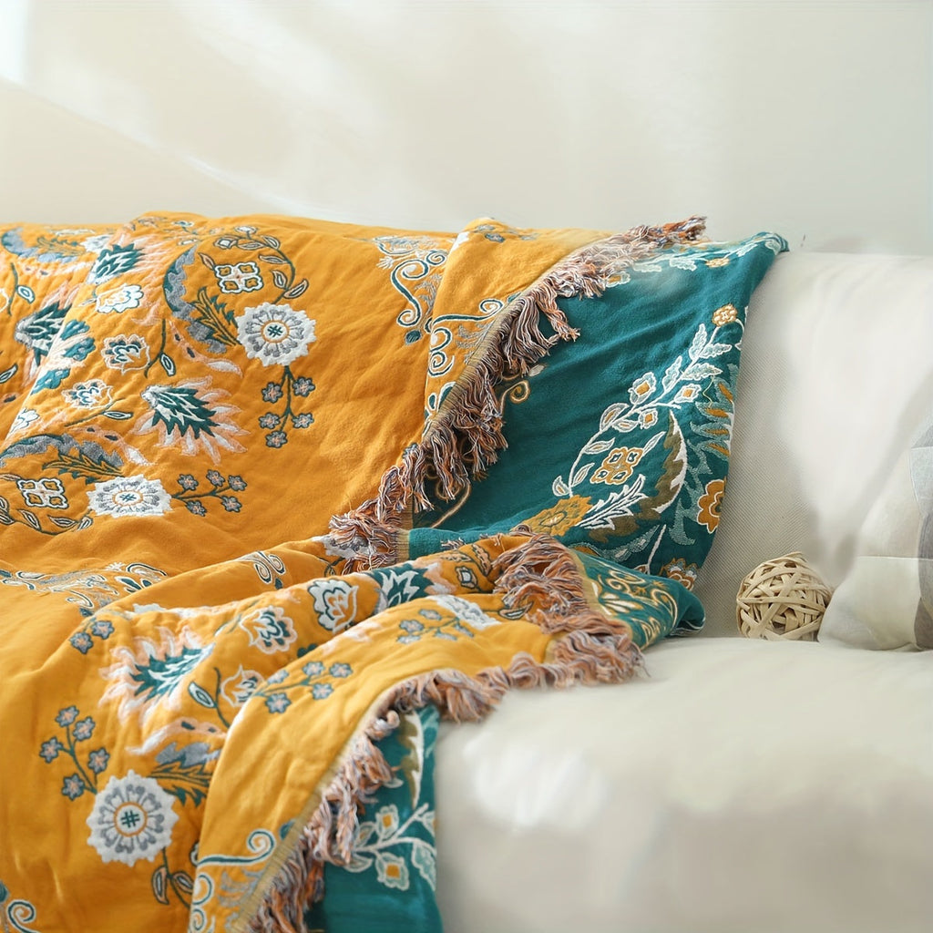 1pc Floral Sofa Towel Blanket With Tassel, Cotton Printed Blanket, Vintage Floral Pattern, Sofa Blanket, Air Conditioning Blanket, Nap Blanket