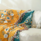 1pc Floral Sofa Towel Blanket With Tassel, Cotton Printed Blanket, Vintage Floral Pattern, Sofa Blanket, Air Conditioning Blanket, Nap Blanket