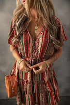 Red Bohemian Floral Print Buttoned V Neck Ruffle Tiered Dress