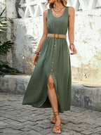 Decorative Button Sleeveless Midi Dress Elegant & Timeless Long Comfortable Dress Stevvex