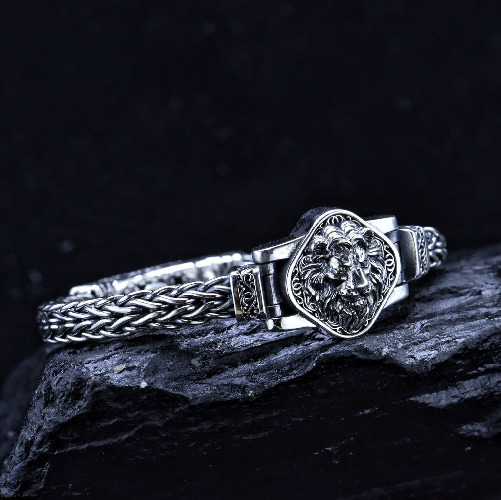 S925 Sterling Silver Vintage Hand-woven Domineering Lion Bracelet Ethnic Style Pi-Mart