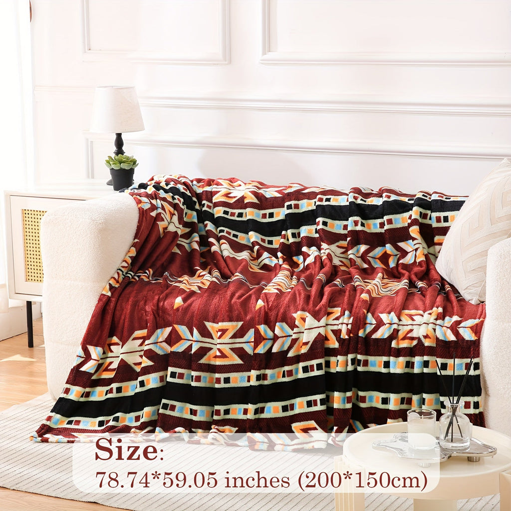 1pc Southwest Native American Flannel Polyester Throw Double-side Printed Blanket, Aztec Geometry Pattern Travel Couch Bed Blanket Plush Soft Lightweight Blanket For All Season Lootquake LLC