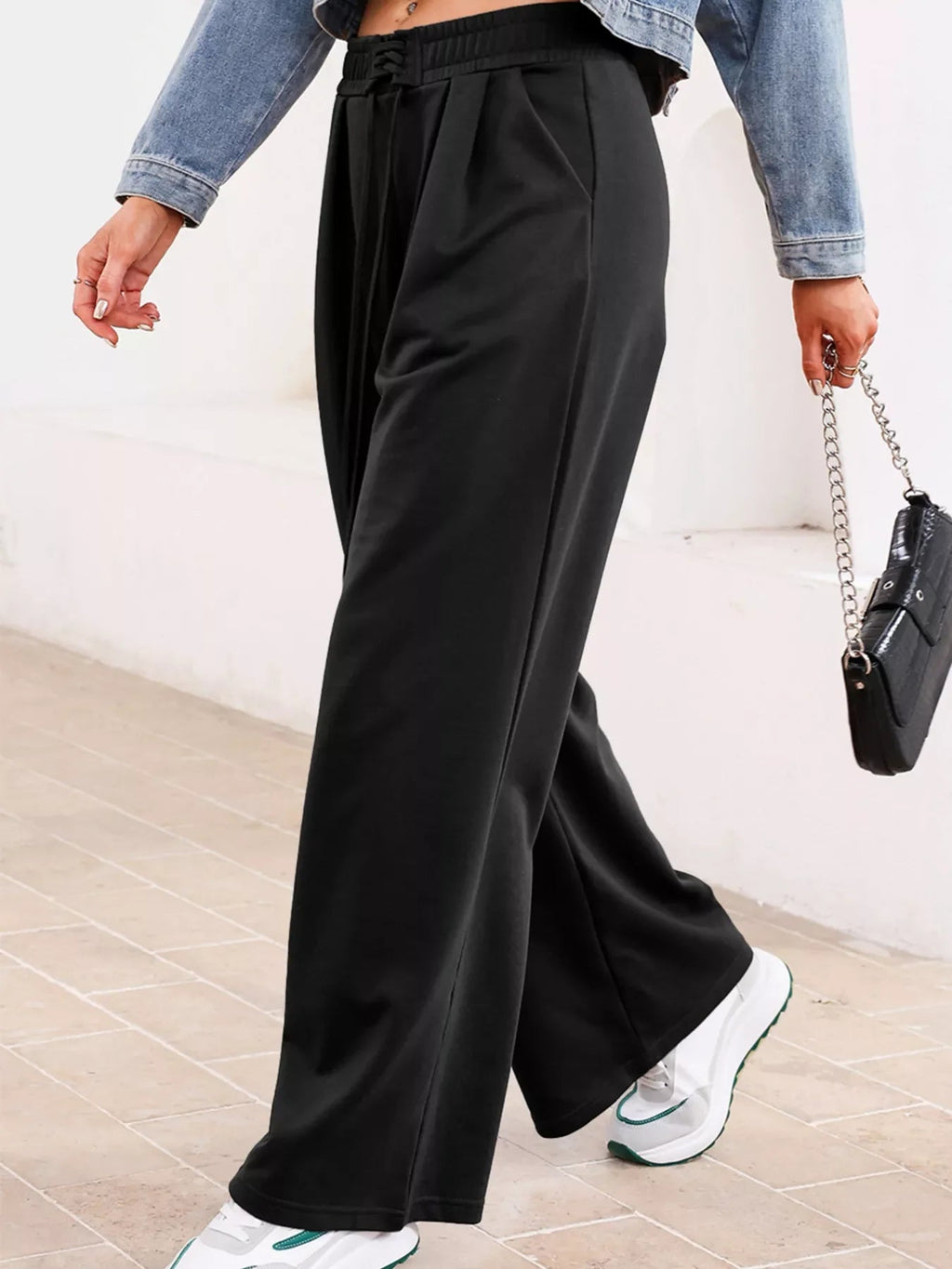 Tied Elastic High Waist Pleated Detail Solid Sweatpants THRIXINE