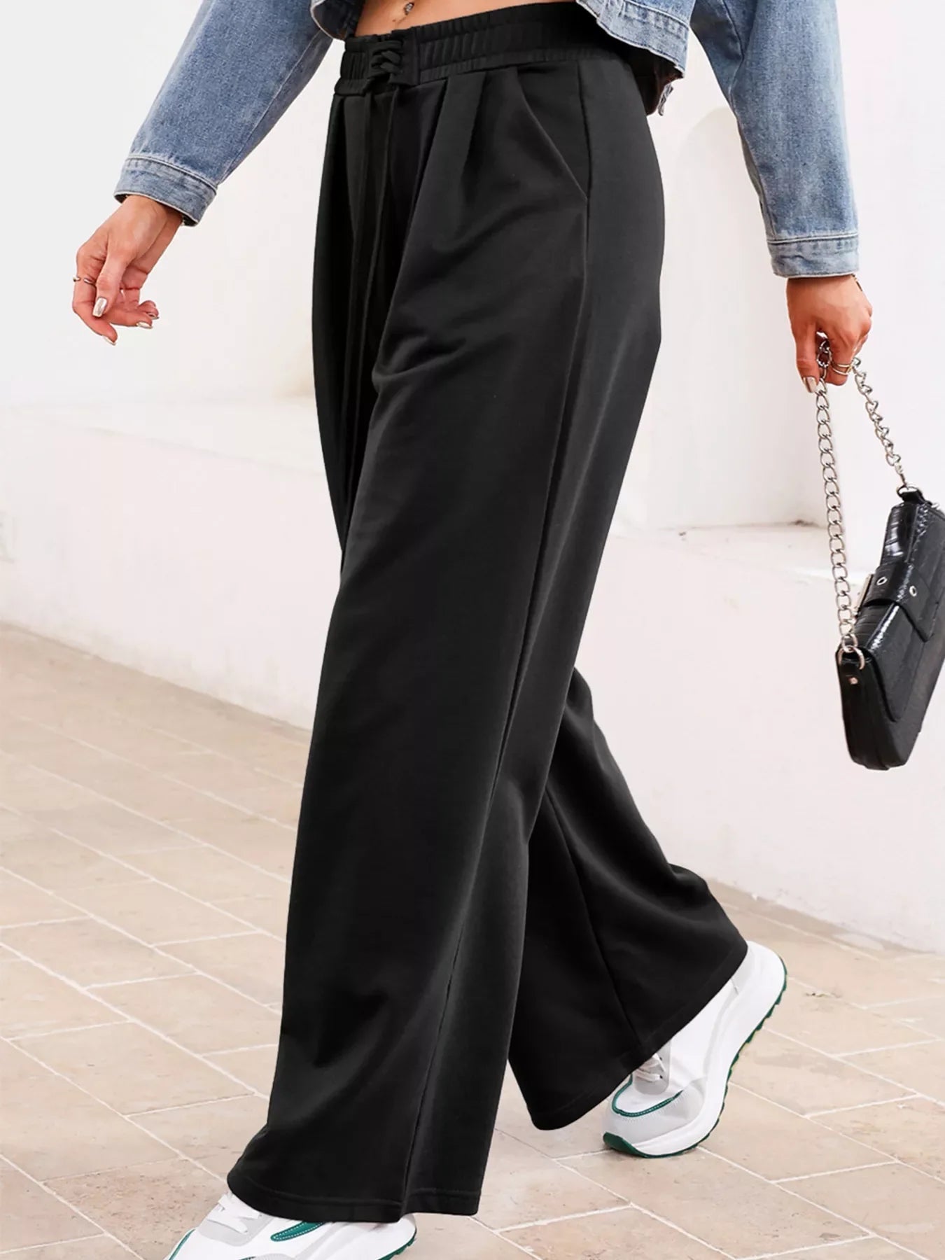 Tied Elastic High Waist Pleated Detail Solid Sweatpants THRIXINE