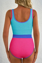 Rose Red Textured Colorblock One Piece Swimsuit