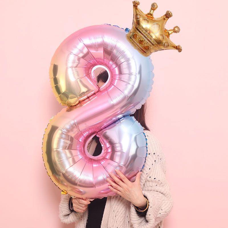 Luxury Gradient Modern 32inch Rainbow number Foil Balloons For Birthday party Decorations Kids Rose Ballons With Crown From 0-9 Numbers - SJB-DIAMOND ELITES